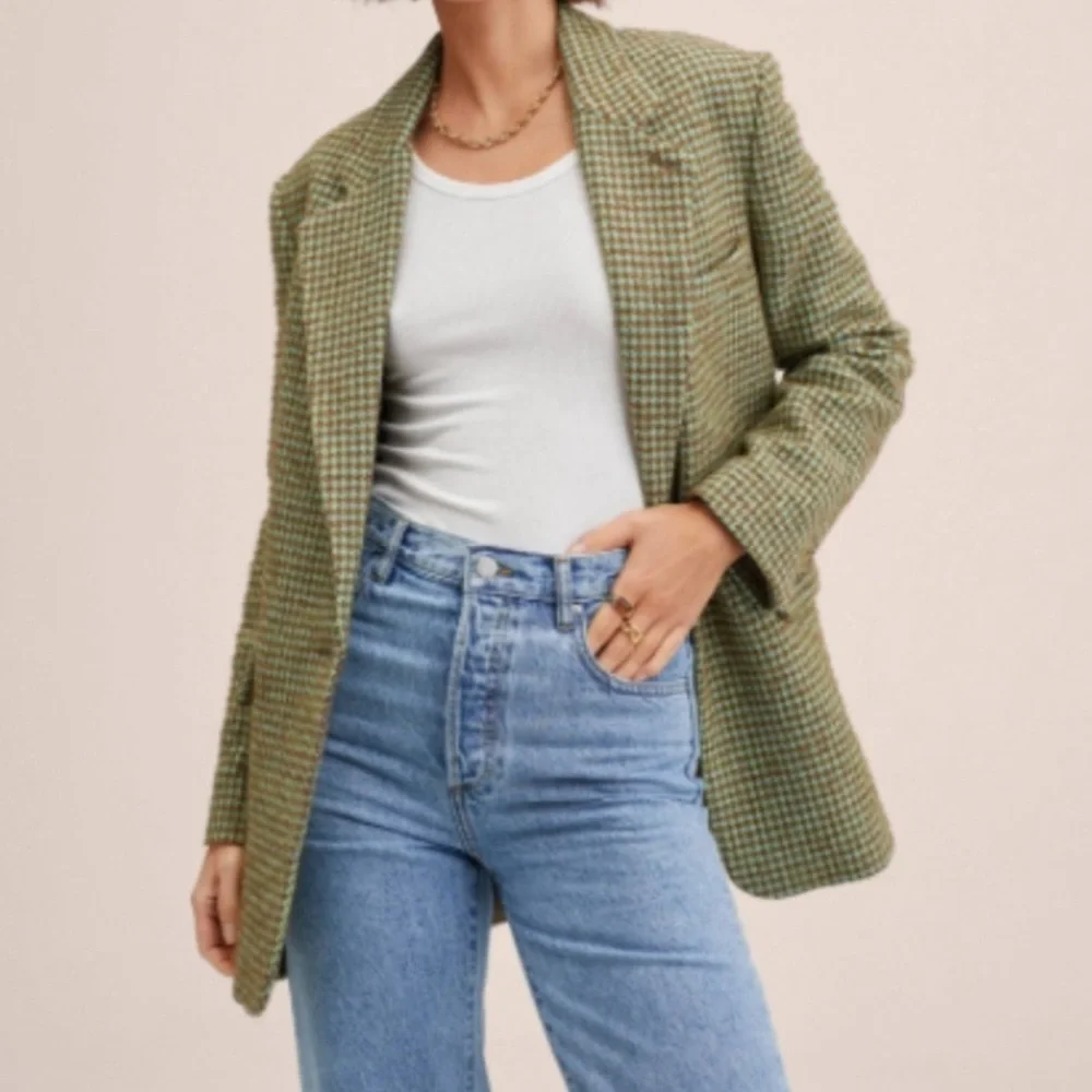 Mango Blazer Houndstooth Oversized Green - Picture 1 of 9